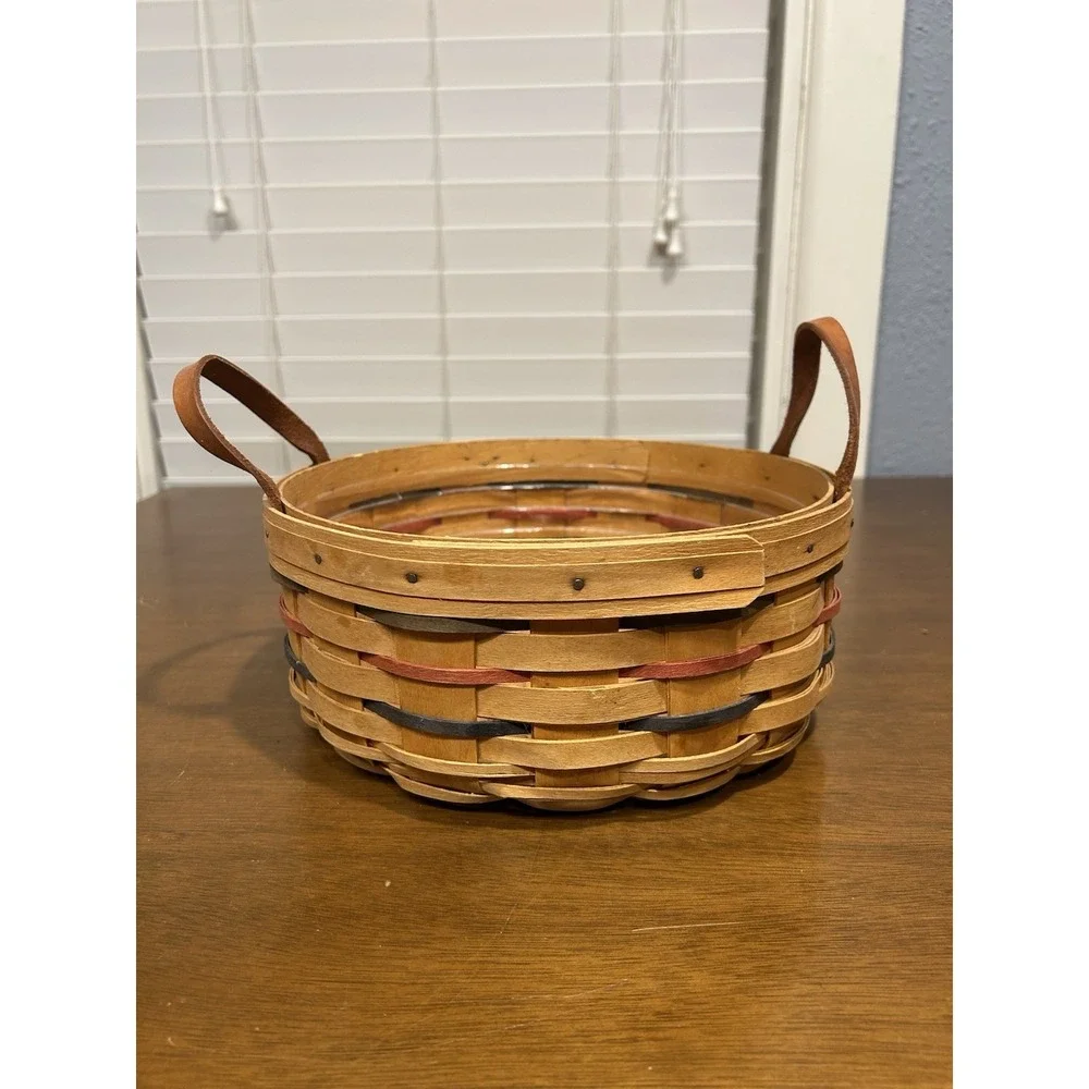 Longaberger 1999 Woven BUTTON BASKET Green Red Blue w/ Liner & Leather Handles
